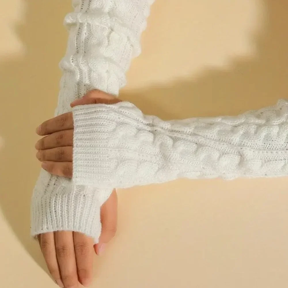 Ribbed Knitted Mid-length Gloves Warm Sleeves Solid Color Elastic Finger…